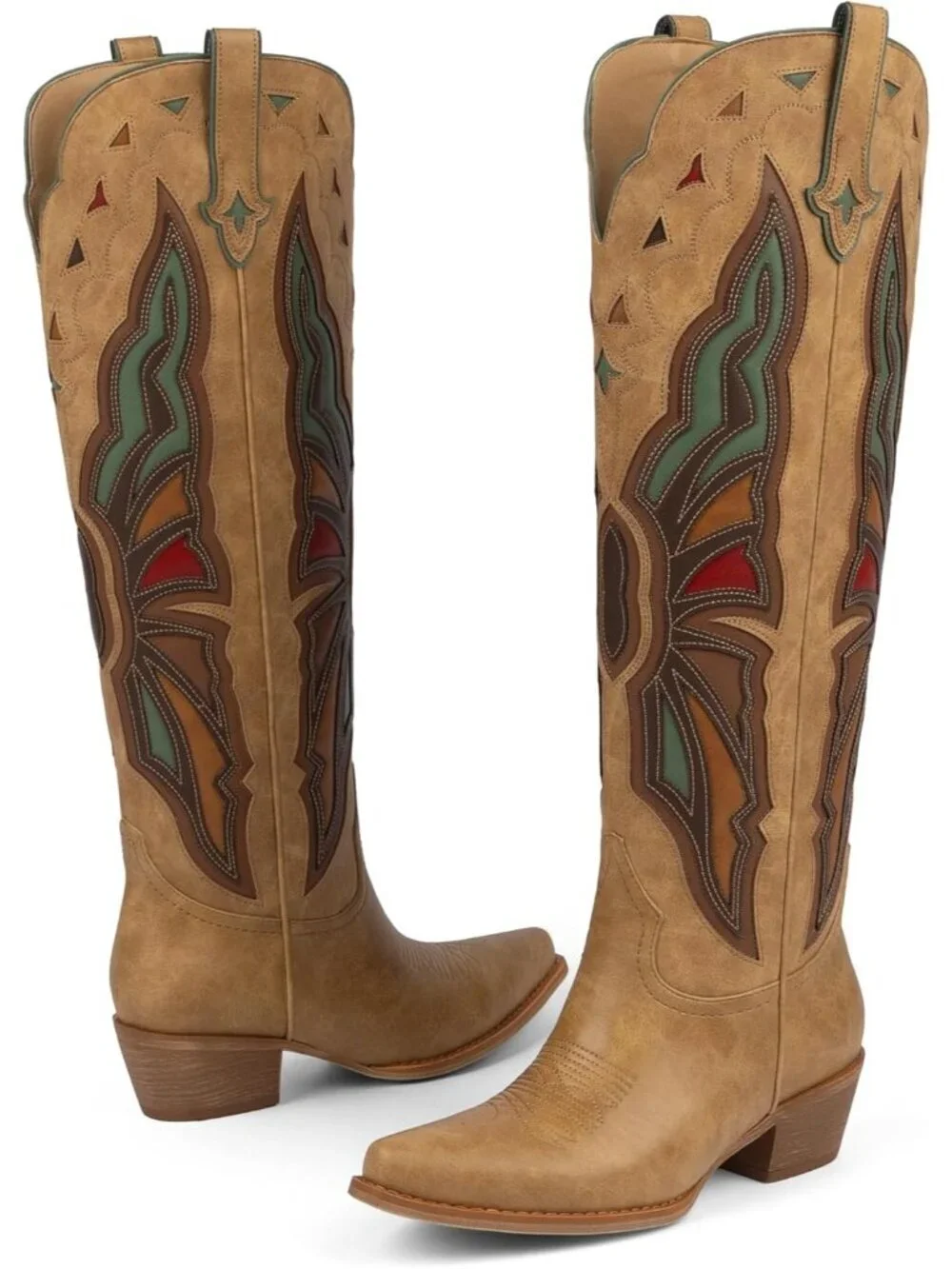 Women light Brown Cowboy Knee High Chunky Heel Butterfly Cowgirl Boots Wide Calf